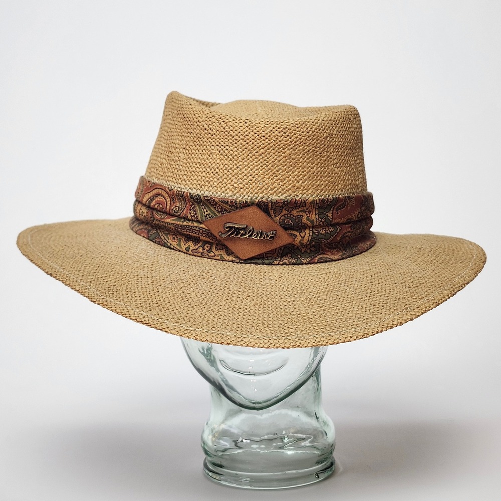 Vintage Titleist by Texace Straw Golf Hat Mens 60cm 7 1/2 Paisley Band Leather